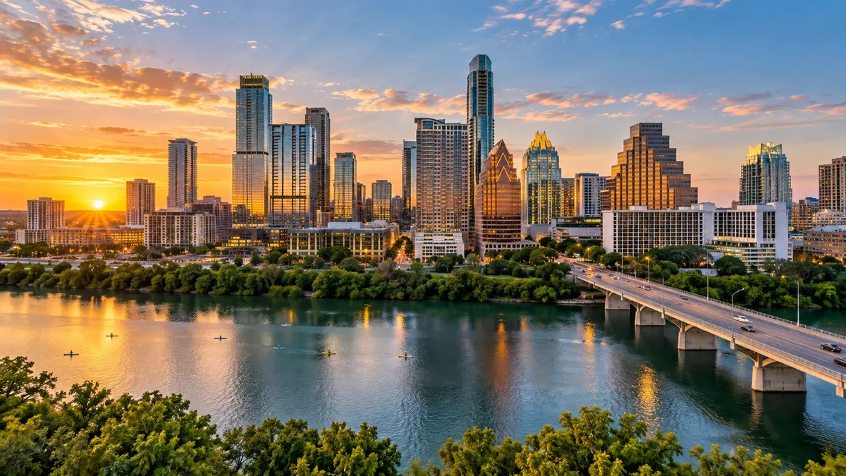 Downtown Austin skyline at sunset over Lady Bird Lake