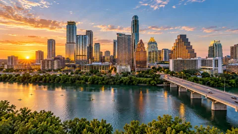 Downtown Austin skyline at sunset over Lady Bird Lake