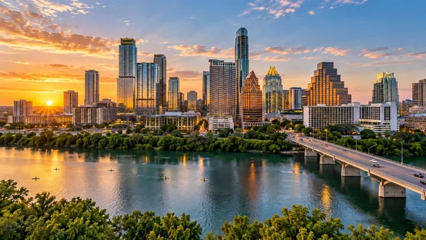 Downtown Austin skyline at sunset over Lady Bird Lake