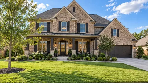 Familia frente a una casa nueva en una comunidad de Richmond, Texas