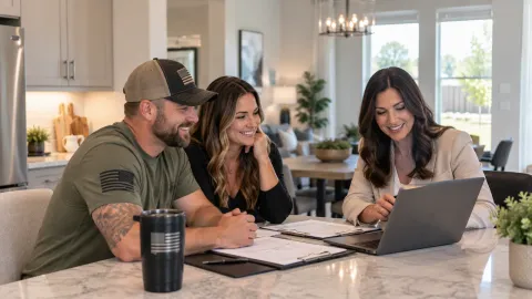 Army veteran and Houston realtor reviewing VA loan paperwork with a client