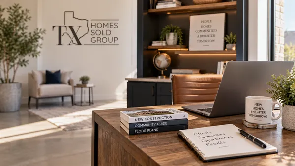 Office desk with new construction community guides and floor plans