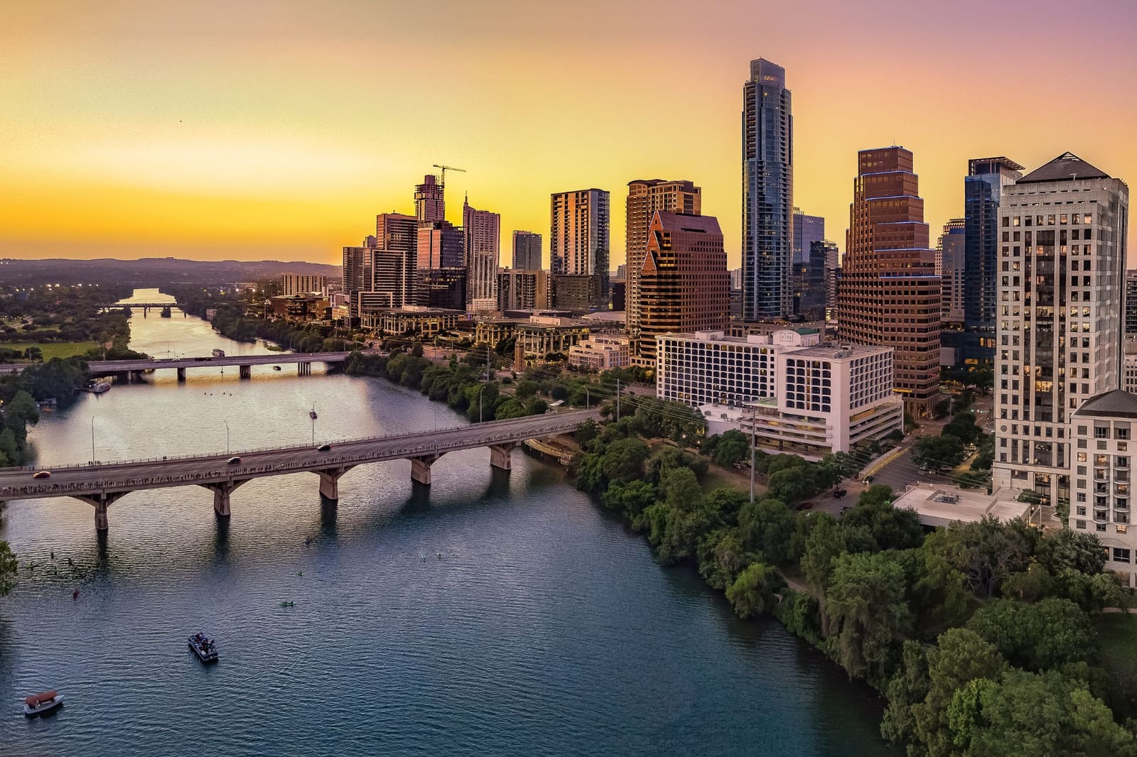 Downtown Austin skyline at sunset over Lady Bird Lake