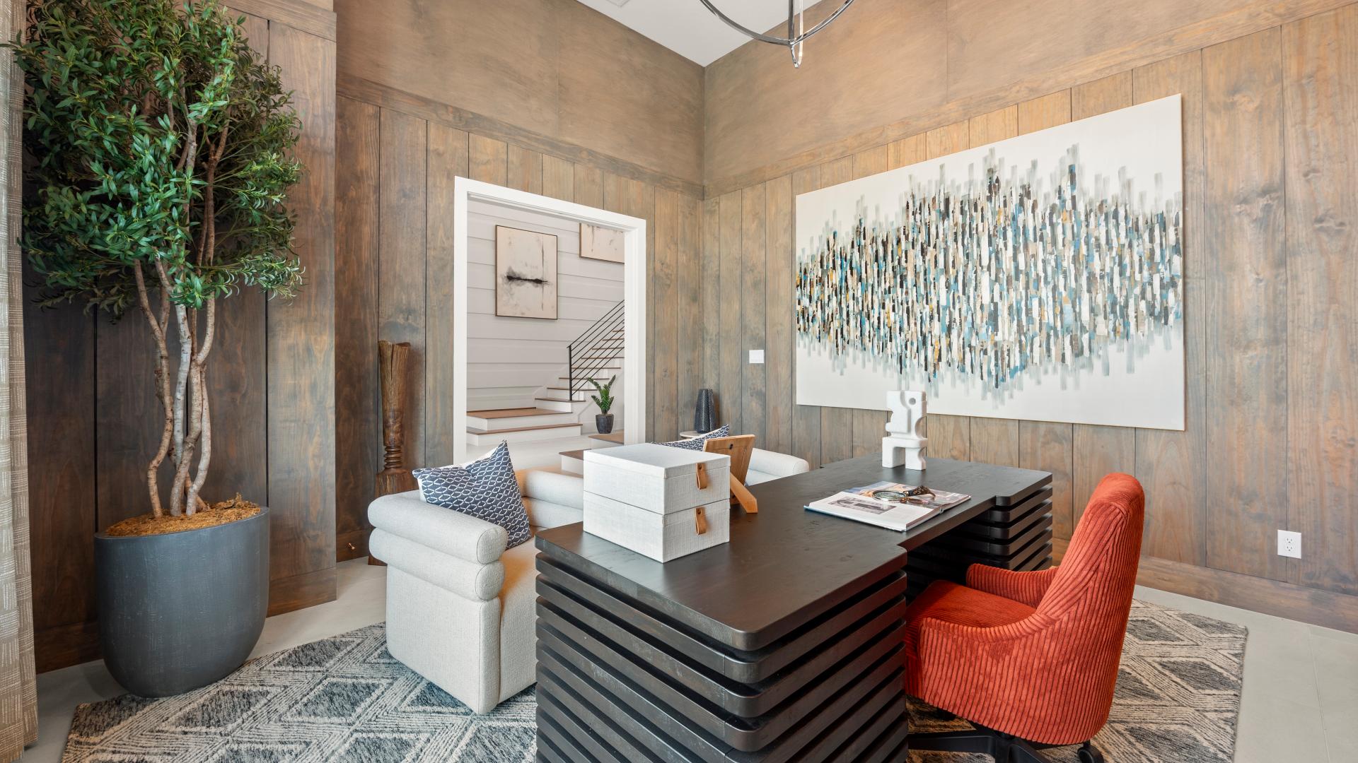 Wood-paneled home office of a new construction home for sale in the Greater Austin area
