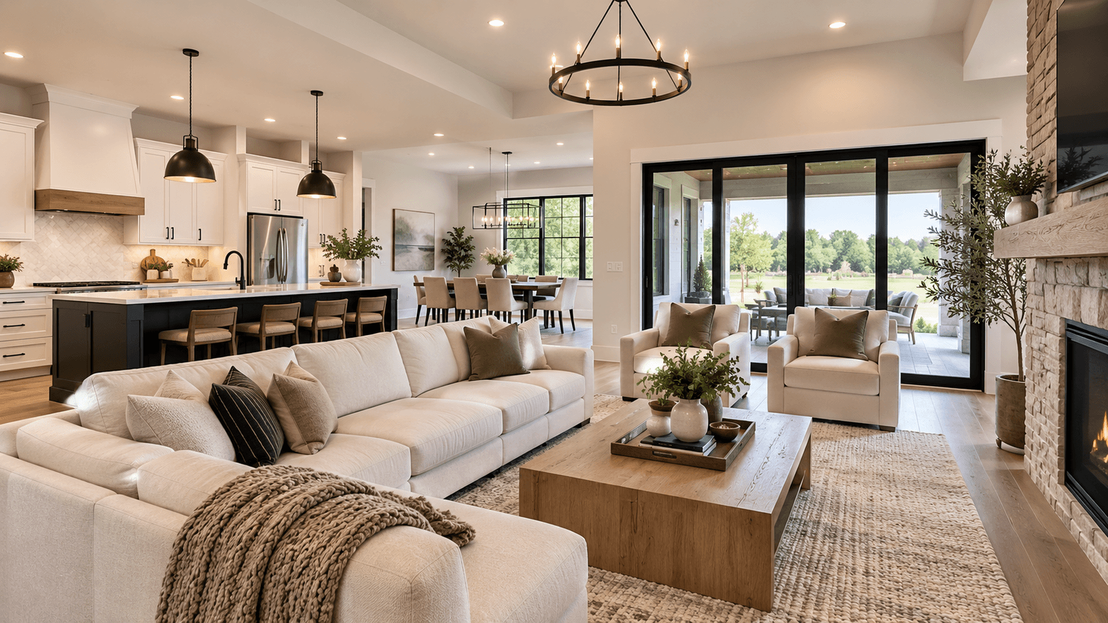 Open great room and kitchen of a new construction home for sale in the Greater Austin area