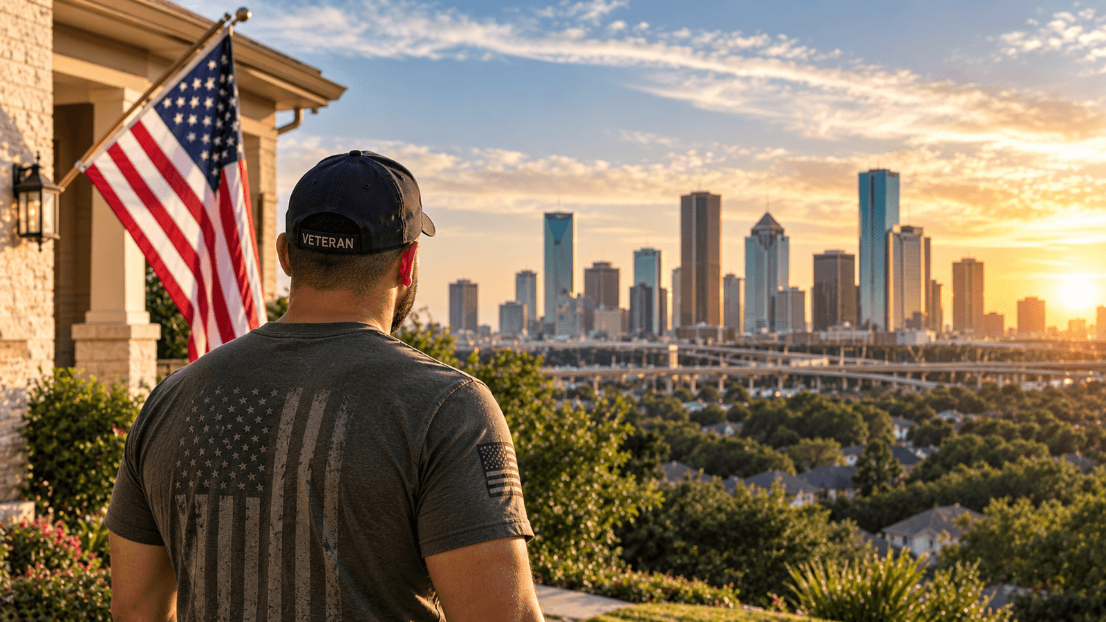 Veteran in a VETERAN cap looking out over the Houston skyline at sunset from a front porch with an American flag