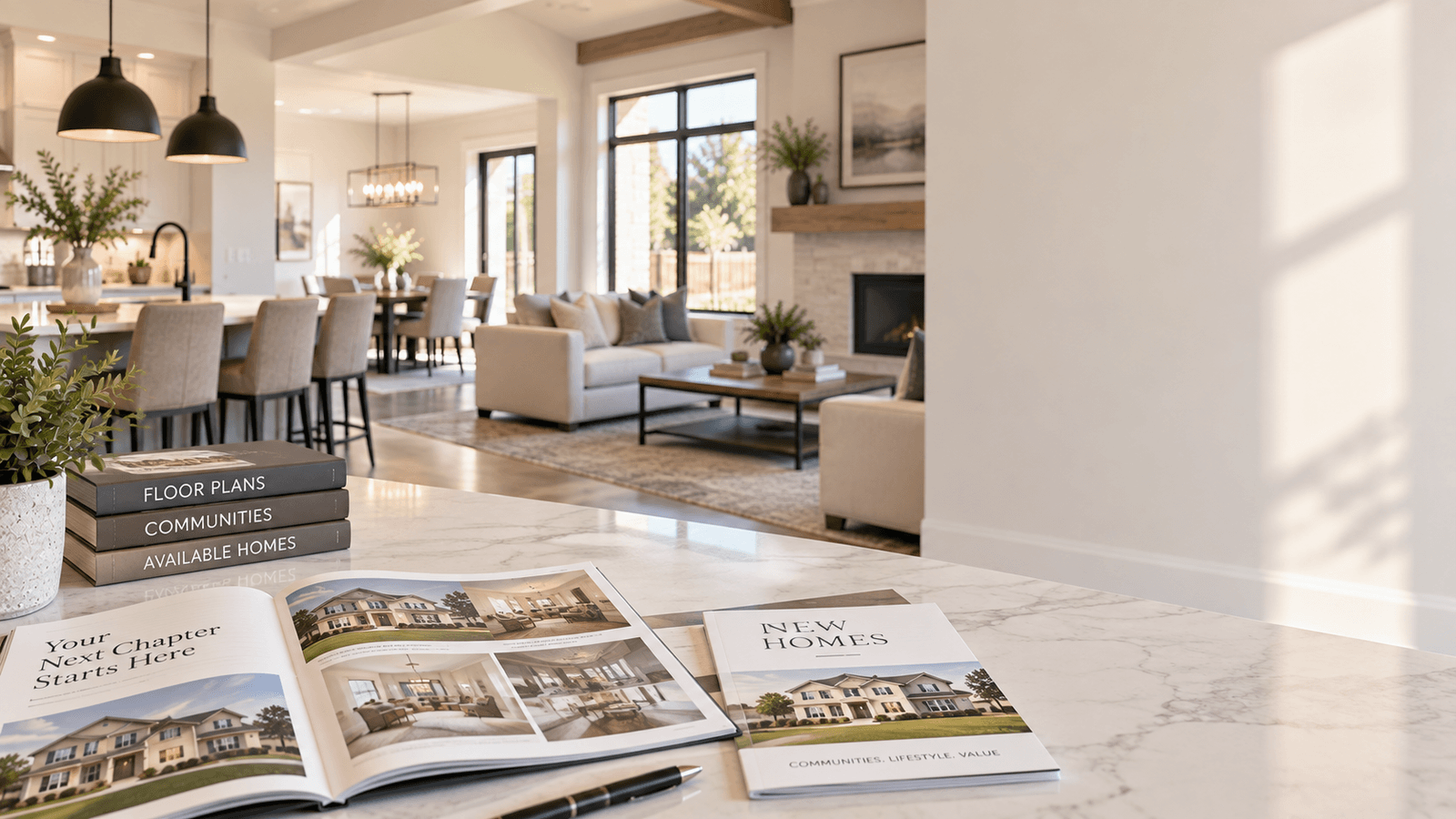Model home kitchen island with builder floor plan and new home community brochures