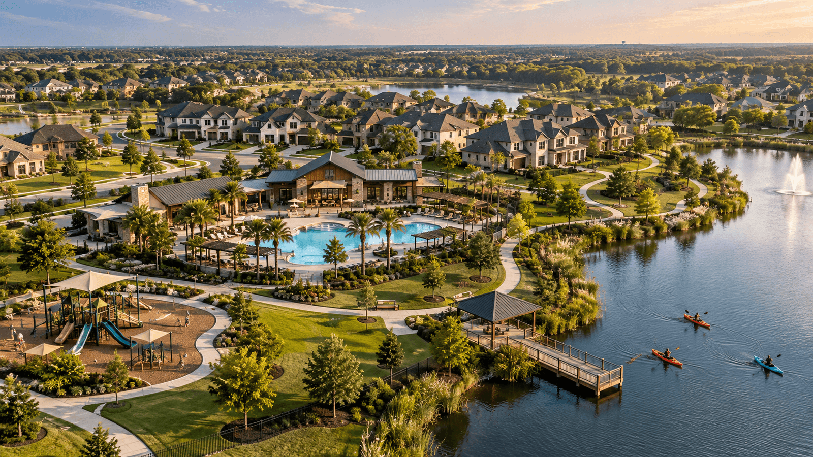 Aerial view of a new construction master-planned community with lake, amenity center, and pool