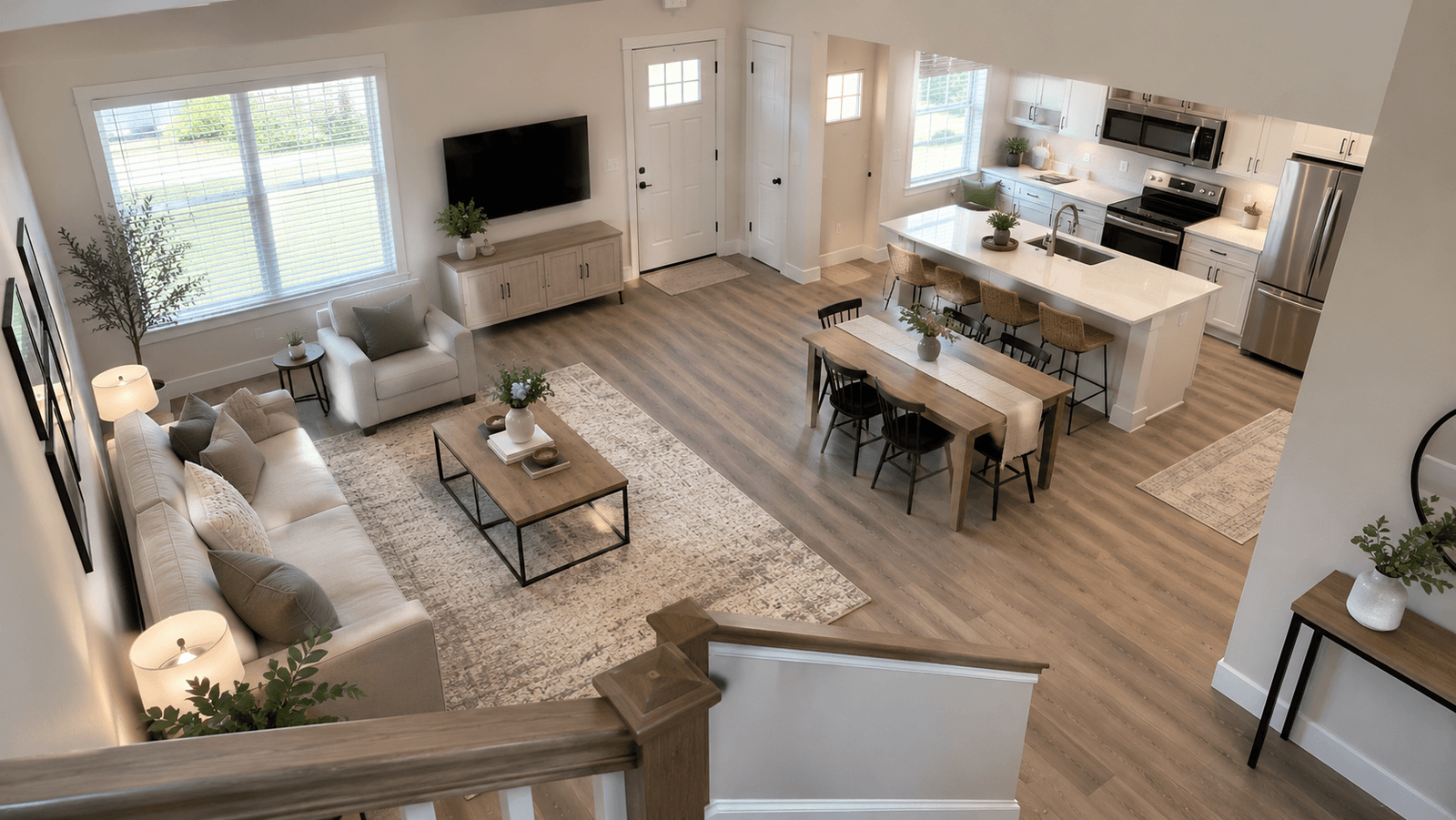 Open living and kitchen area of a rental home in the Greater Austin area